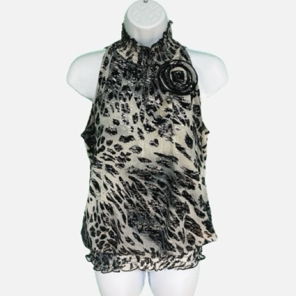 BCX Black & Silver Sleeveless Mockneck Cheetah Print Blouse Womens Size M
